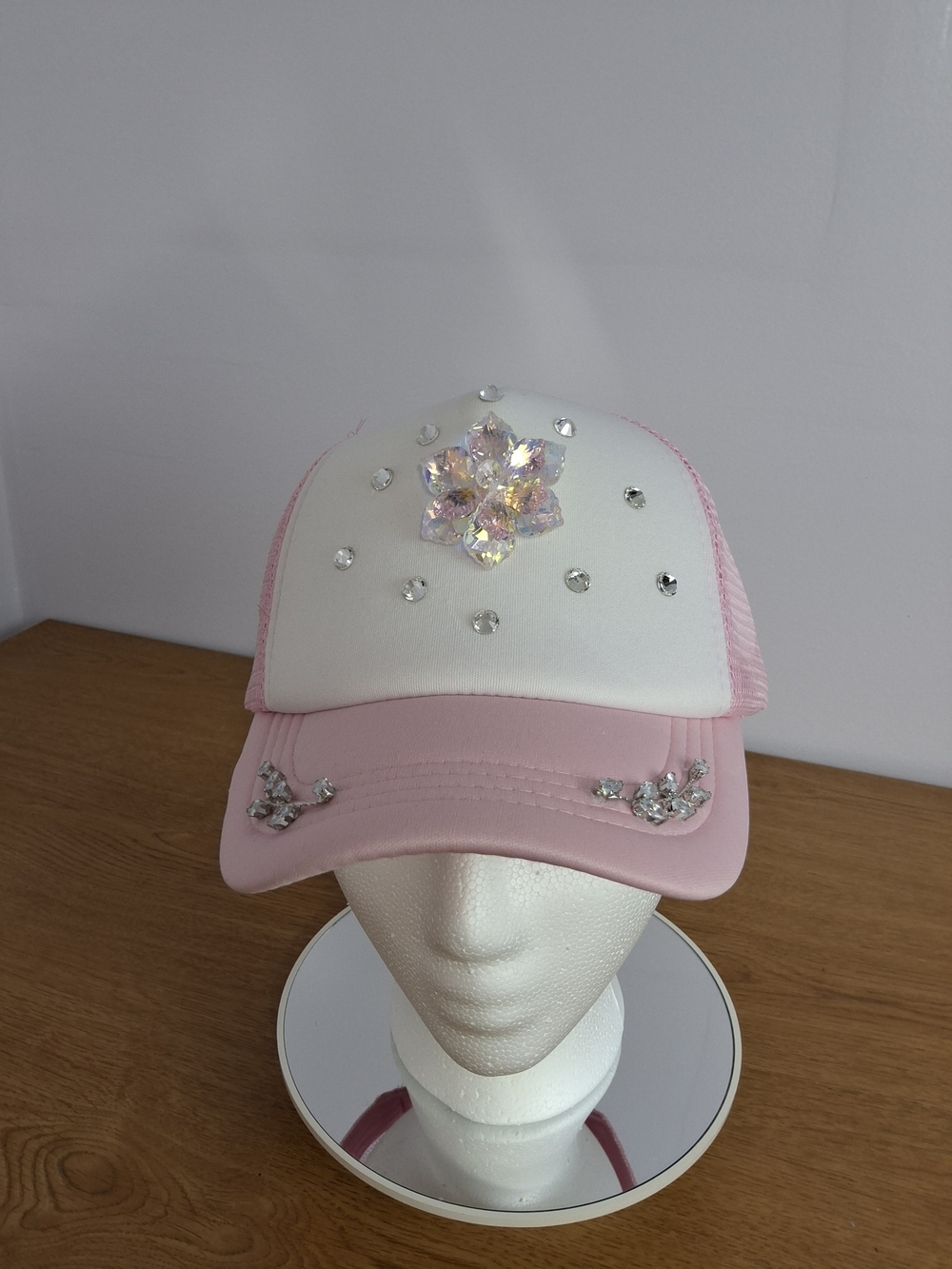 Handcrafted Women's Rhinestone Accent Pink Floral Jewel Trucker Hat